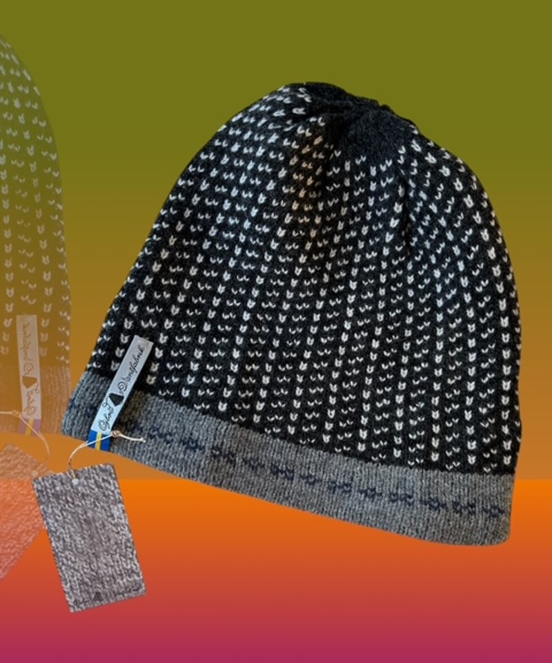 スウェーデンメリノウール スカフテ ニット帽/チャコール・アイボリー