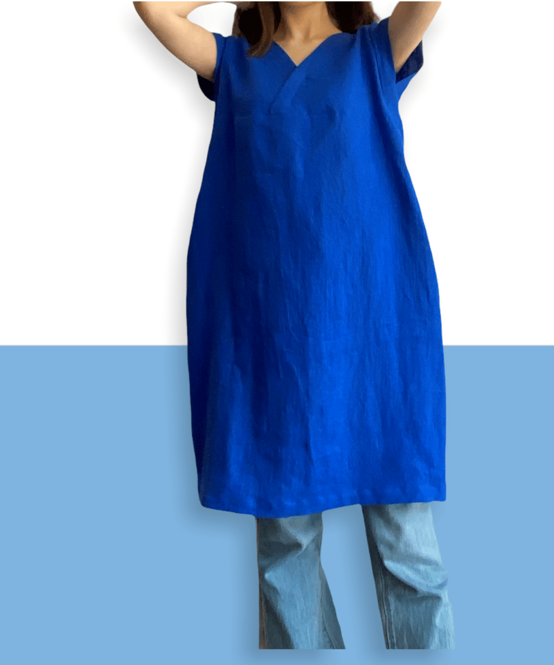 フレンチスリーブコクーンワンピース/コバルトブルーリネン