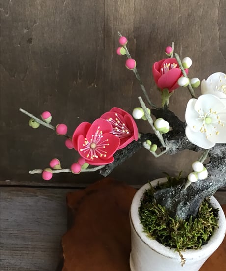 工芸盆栽 梅 ハンドメイド 盆栽 アートフラワー 造花 工芸盆栽 梅