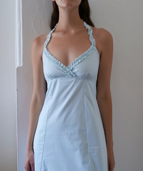 Fruity Booty Frill Halter Dress in Blue