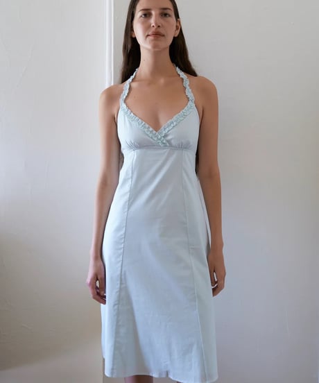 Fruity Booty Frill Halter Dress in Blue