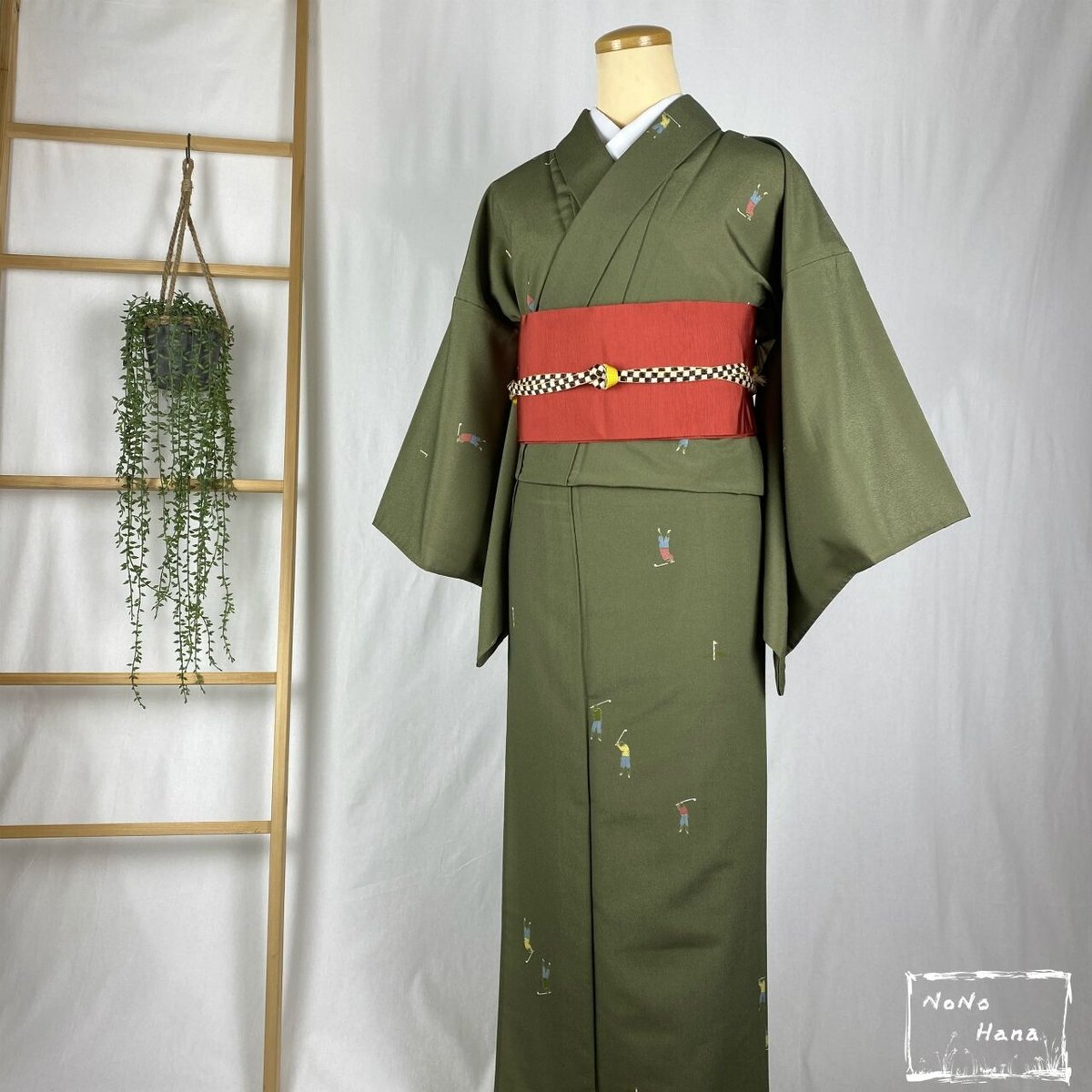 洗える着物】小紋 袷 ゴルフプレイヤー 松葉色 | 野の花