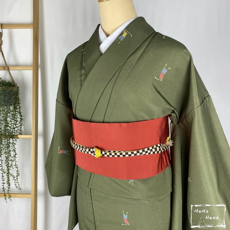 洗える着物】小紋 袷 ゴルフプレイヤー 松葉色 | 野の花 洗える着物】小紋 袷 ゴルフプレイヤー 松葉色 | 野の花