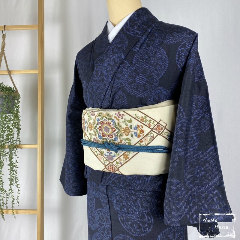 紬】正絹 単衣 源氏車 藍染め | 野の花 紬】正絹 単衣 源氏車 藍染め | 野の花