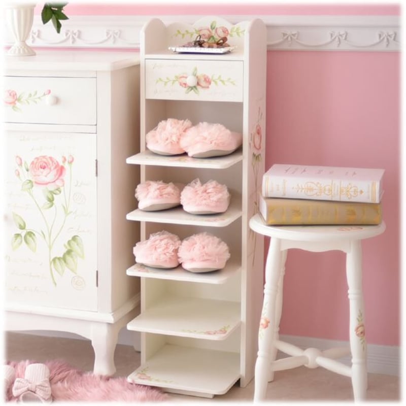 ロココ調　ハンドペイント　木製スリッパラック　薔薇家具　美品 ロココ調 ハンドペイント 木製スリッパラック 薔薇家具 美品 ロココ調