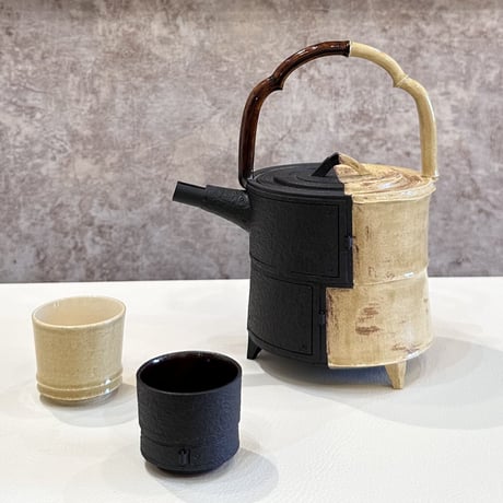 柴田窯 柴田恭久　黒鉄錆肌片身替竹節酒器 酒杯2客