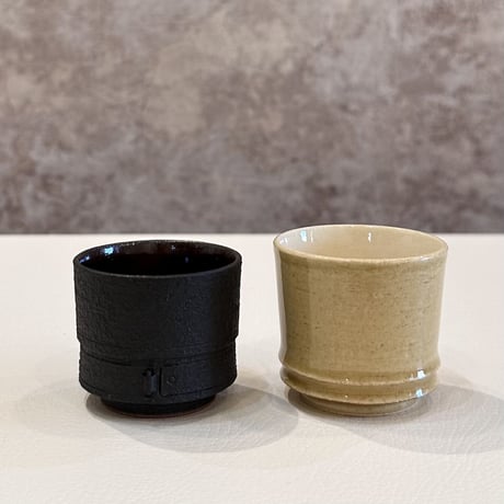 柴田窯 柴田恭久　黒鉄錆肌片身替竹節酒器 酒杯2客