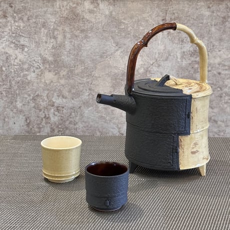 柴田窯 柴田恭久　黒鉄錆肌片身替竹節酒器 酒杯2客