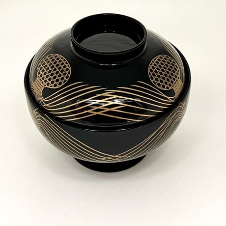 慶塚漆器工房　ひげ籠蒔絵黒蝋色煮物碗　10客