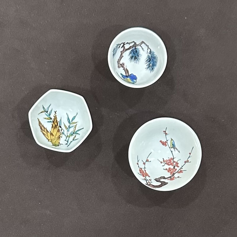 九谷焼 初代徳田八十吉造 絵変 盃 四客 共箱 J R3636