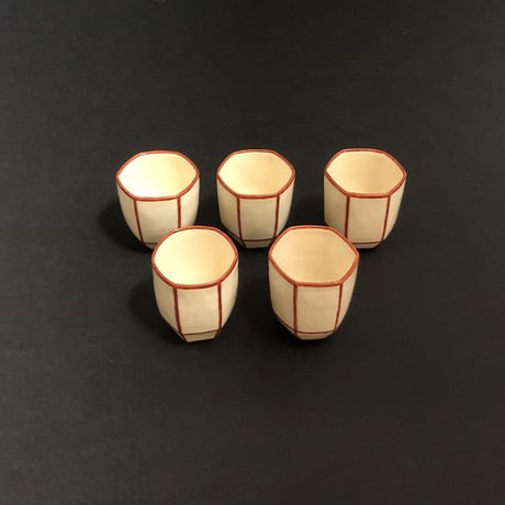 水間焼伏原窯　赤絵ぼんぼり猪口　5客　(新品)