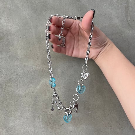 glass heart charm necklace-light blue-