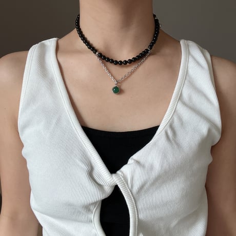 stone necklace-black onyx × green onyx