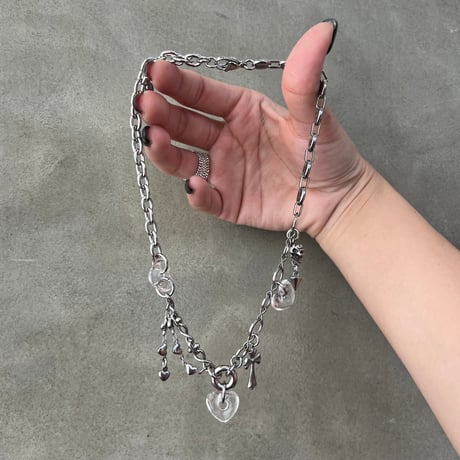 glass heart charm necklace-clear-