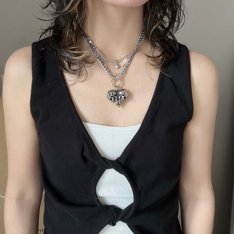 antique silver skull heart necklace