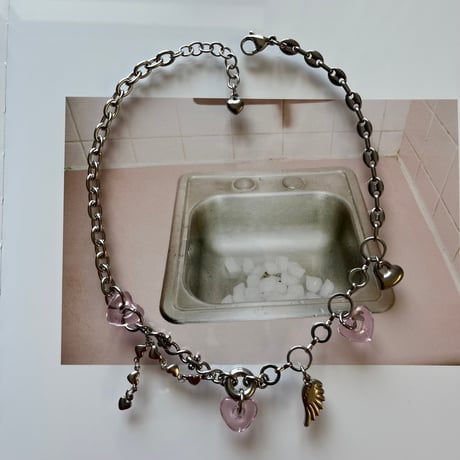 glass heart charm necklace-pink-