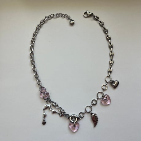 glass heart charm necklace-pink-