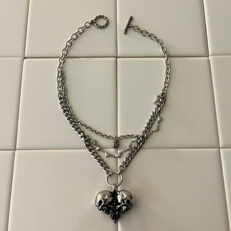 antique silver skull heart necklace