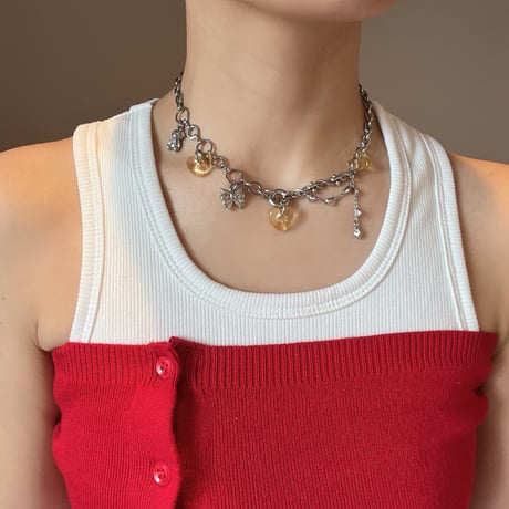 glass heart charm necklace-honey yellow-