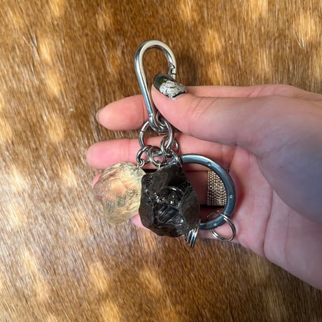 natural stone key ring-lemon quartz、smoky quartz-
