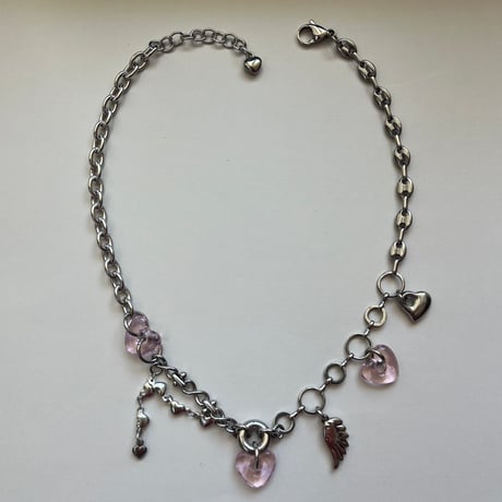 glass heart charm necklace-pink-