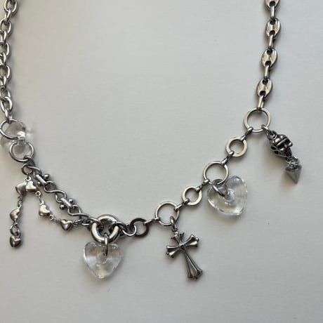 glass heart charm necklace-clear-