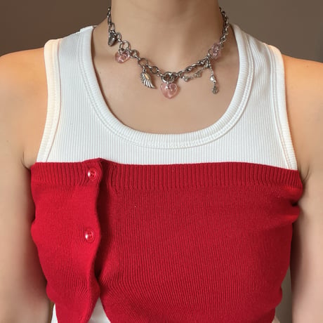 glass heart charm necklace-pink-