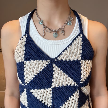 glass heart charm necklace-light blue-