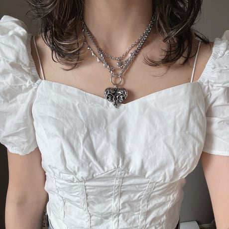antique silver skull heart necklace