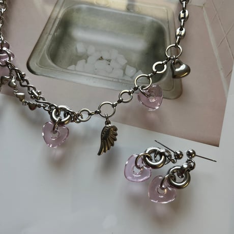 glass heart charm necklace-pink-