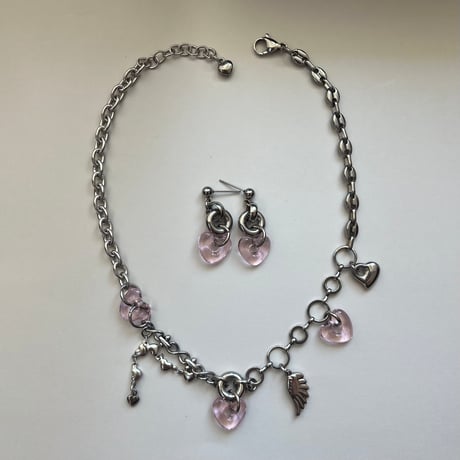 glass heart charm necklace-pink-