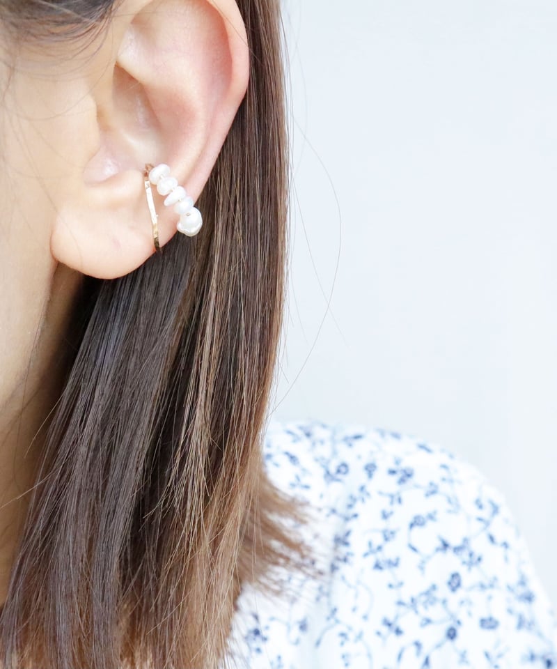 14kgf Flesh pearl and simple 淡水パールとシンプルイヤーカフのセッ...