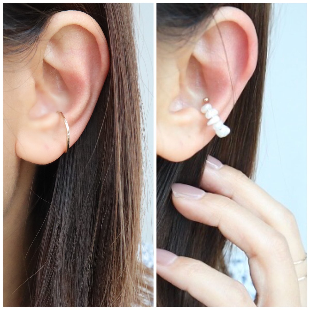 14kgf Flesh pearl and simple 淡水パールとシンプルイヤーカフのセッ...