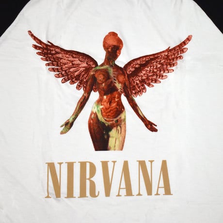 NIRVANA ニルヴァーナ 7分袖 ラグラン Tシャツ バンドTシャツ ホワイト/ブラック TRIANGLE IN UTERO RAGLAN TEE