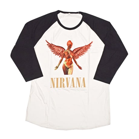 NIRVANA ニルヴァーナ 7分袖 ラグラン Tシャツ バンドTシャツ ホワイト/ブラック TRIANGLE IN UTERO RAGLAN TEE