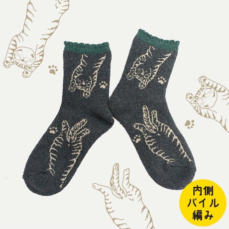 \★ASOBOU SOCKS★/　ぽかぽかパイル　バンザイ猫　ロークルー丈　CUL433755