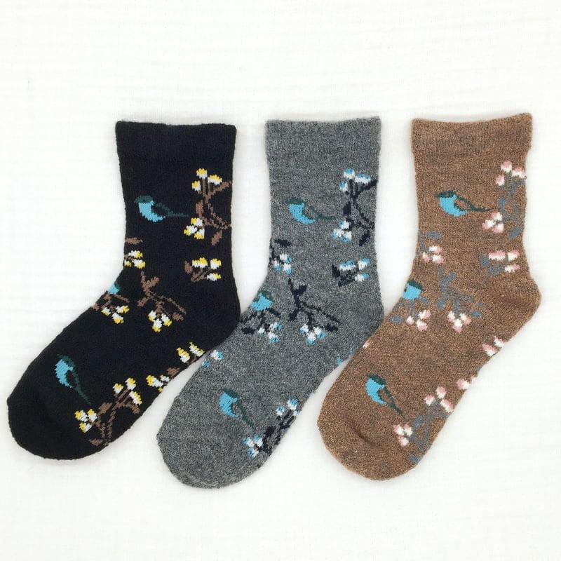どうぶつ靴下】鳥と植物柄 モヘアタッチ ソックス CUL423645