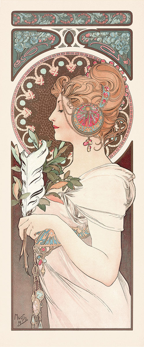 ミュシャ『羽根ペン』 リトグラフ・送料無料・新品額装・UVカット