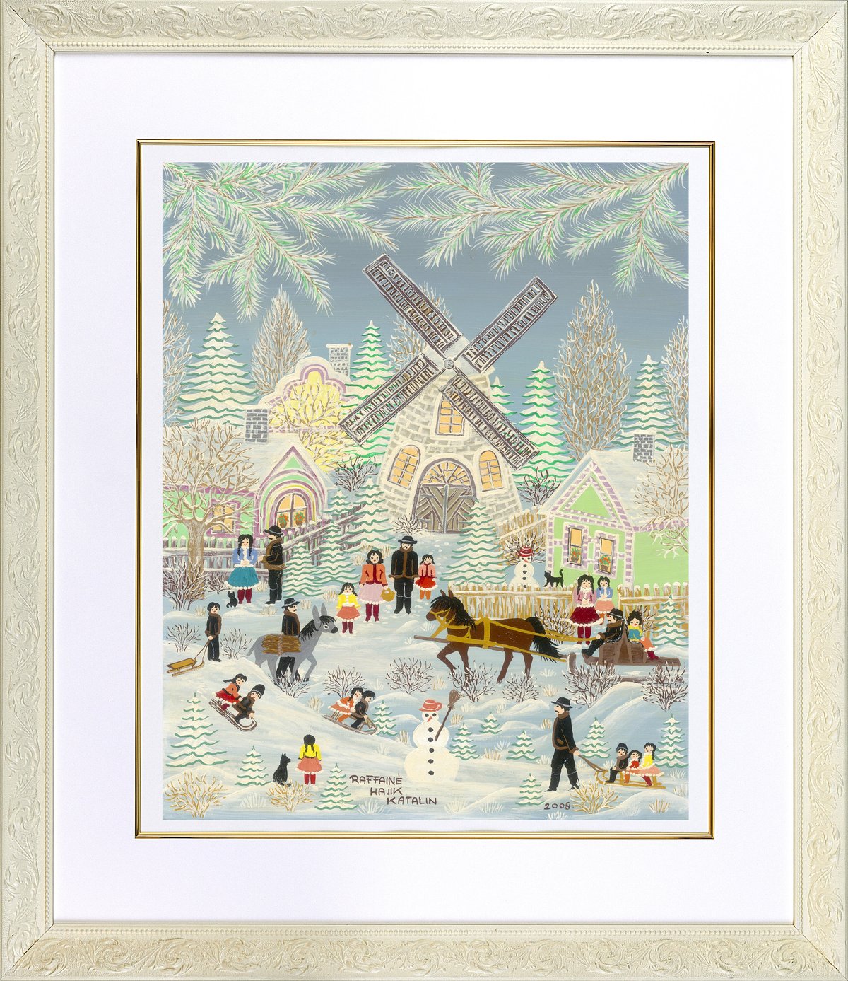 【真作】版画　リトグラフ　冬の街並み　優しい色彩の静寂風景　アート額装　X133 真作】版画 リトグラフ 冬の街並み 優しい色彩の静寂風景 アート