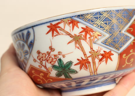 明治前期色絵松竹梅に福寿文字図蒸茶碗 シミあり