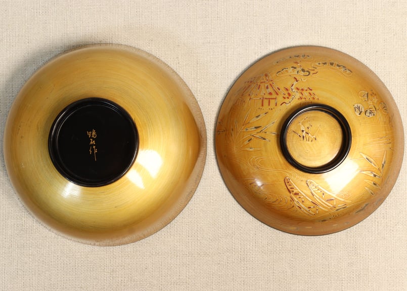 時代輪島塗　明治期　特注品　金縁内黒　松皮塗餅椀　十客　吸物椀　BJ092 時代輪島塗 明治期 特注品 金縁内黒 松皮塗餅椀 十客