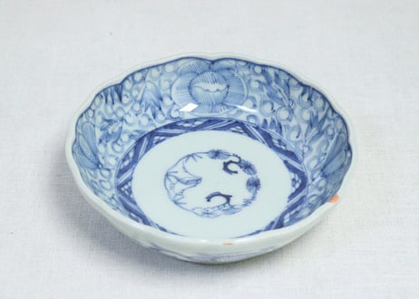 江戸幕末染付線描き牡丹図なます皿