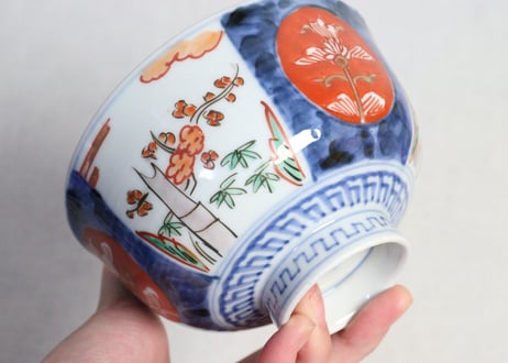 明治前期色絵桃と竹梅図通り物飯茶碗　蓋フリモノ