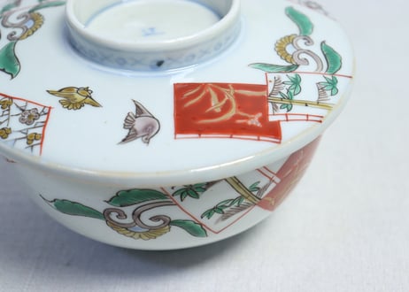 明治前期色絵麒麟に花鳥図蒸茶碗  フリモノ