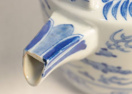 明治前期染付鳳凰図銚子 共箱付き,2ｐセット/ニュウ,蓋小ホツ複数