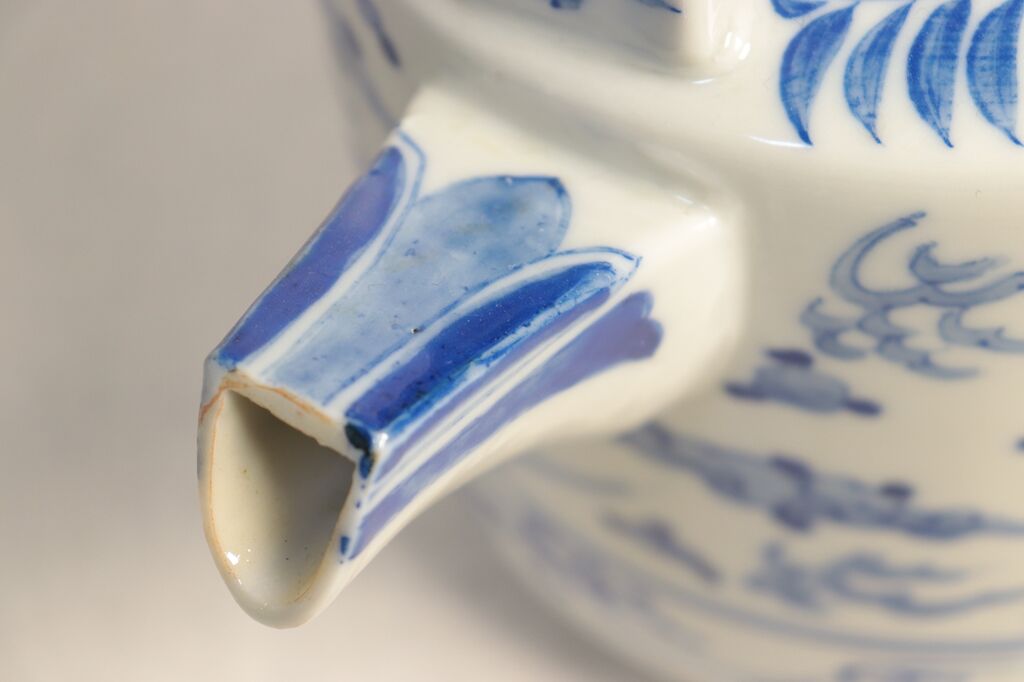 明治前期染付鳳凰図銚子 共箱付き,2pセット/ニュウ,蓋小ホツ