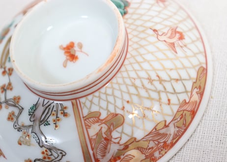 明治前期色絵網手に鶴と梅に鶯図通り物飯茶碗