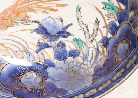 明治前期色絵牡丹と孔雀図8寸鉢