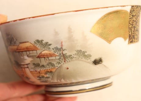 明治前期九谷焼色絵家風景図通り物蒸茶碗