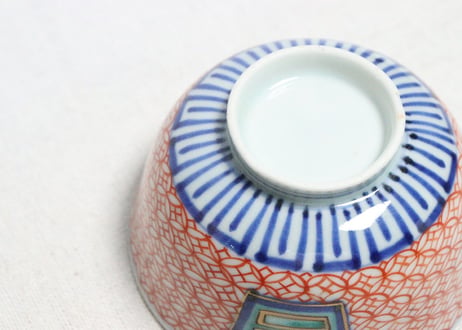 江戸後期色絵吉文字と七宝文図通り物飯茶碗　５客組